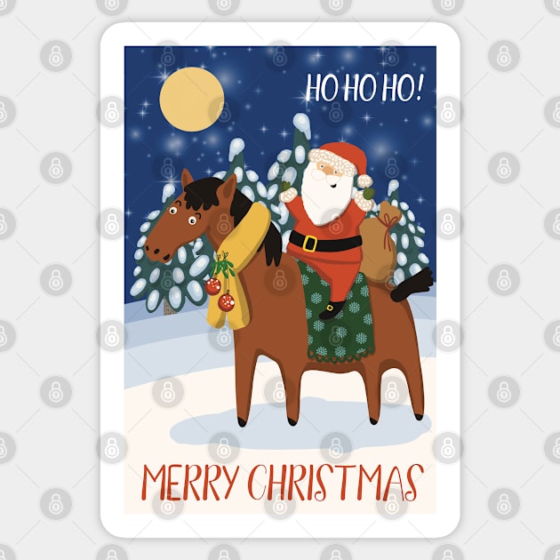 Ho ho ho! Merry Christmas! Happy Santa bringing presents riding on a horse in the snow. Greeting card. Sticker by marina63